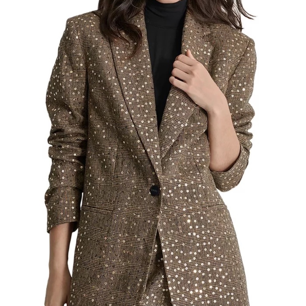 DKNY Brown Plaid All-Over Sequin One-Button Blazer Jacket Size L EUC